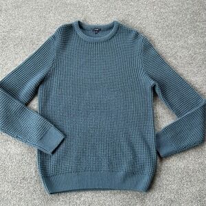 Kiabi Mens Large Teal Waffle Knit Sweater Crewneck Wool Blend Textured Pullover